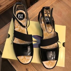 Fly London Black Leather Sandals with Cork Footbed